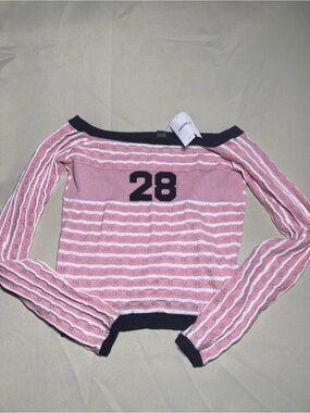Forever 21 Pink Striped Off-the-Shoulder Sweater with Black Trim